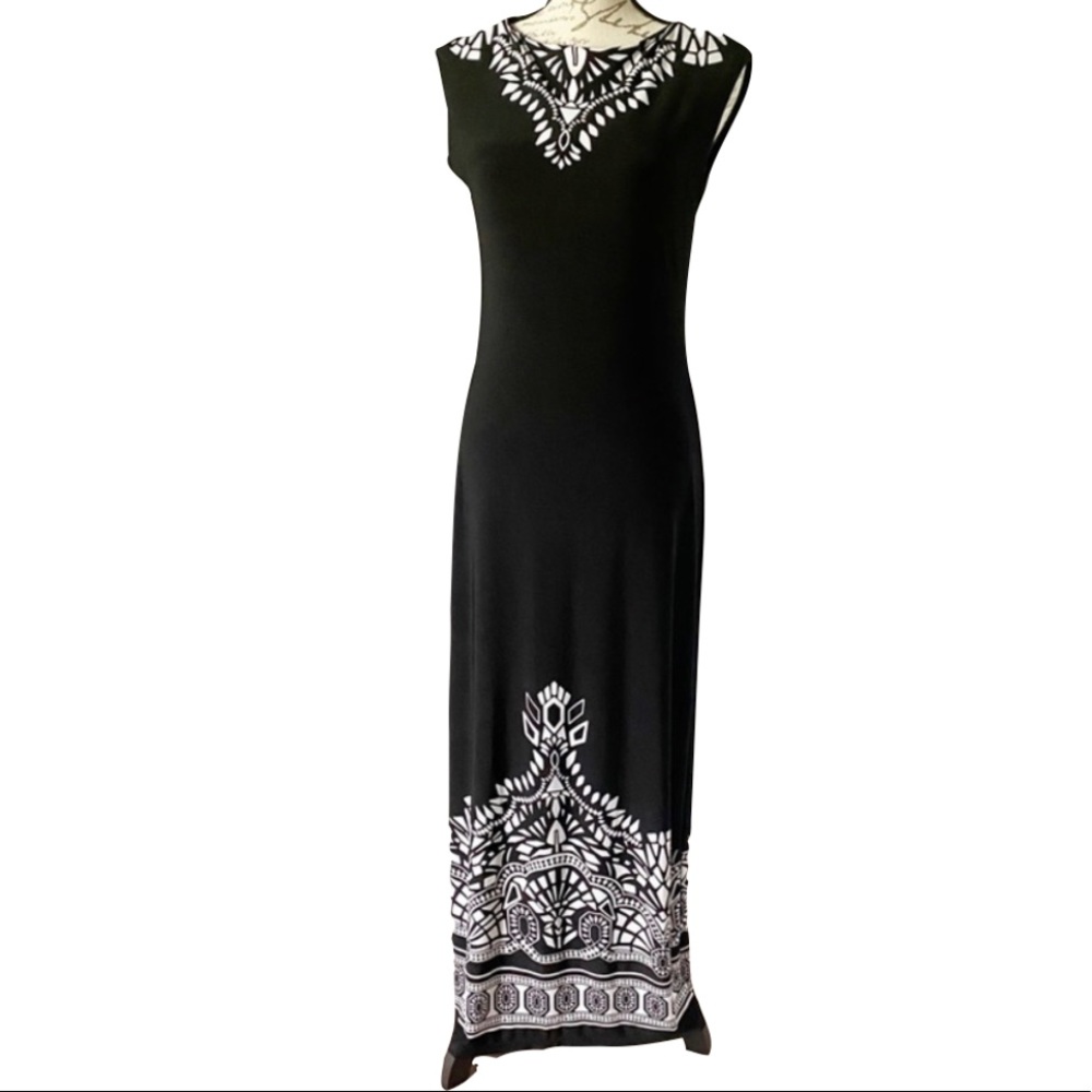 CHICO’S Maxi Dress Black With White Motif Size 4